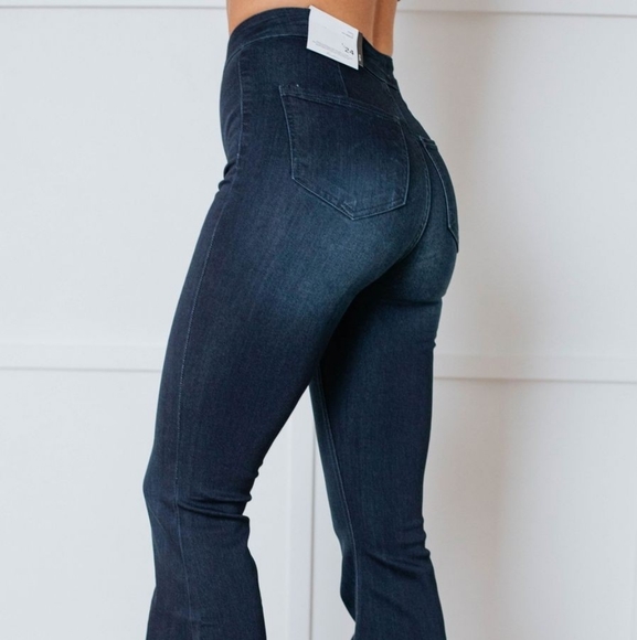 Dark Wash Denim Jeans Wide Leg Bell Bottom Pant - Picture 2 of 3